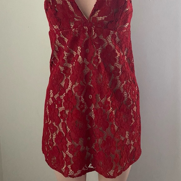 Free People Dangerous Love Mini Dress Lace Overlay Red Size 4 - Picture 5 of 11